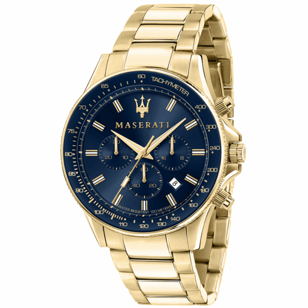Maserati Herrenuhr R8873640008 Sfida, goldfarbig mit blauem Zifferblatt, Miyota JS25-00C Quarzwerk